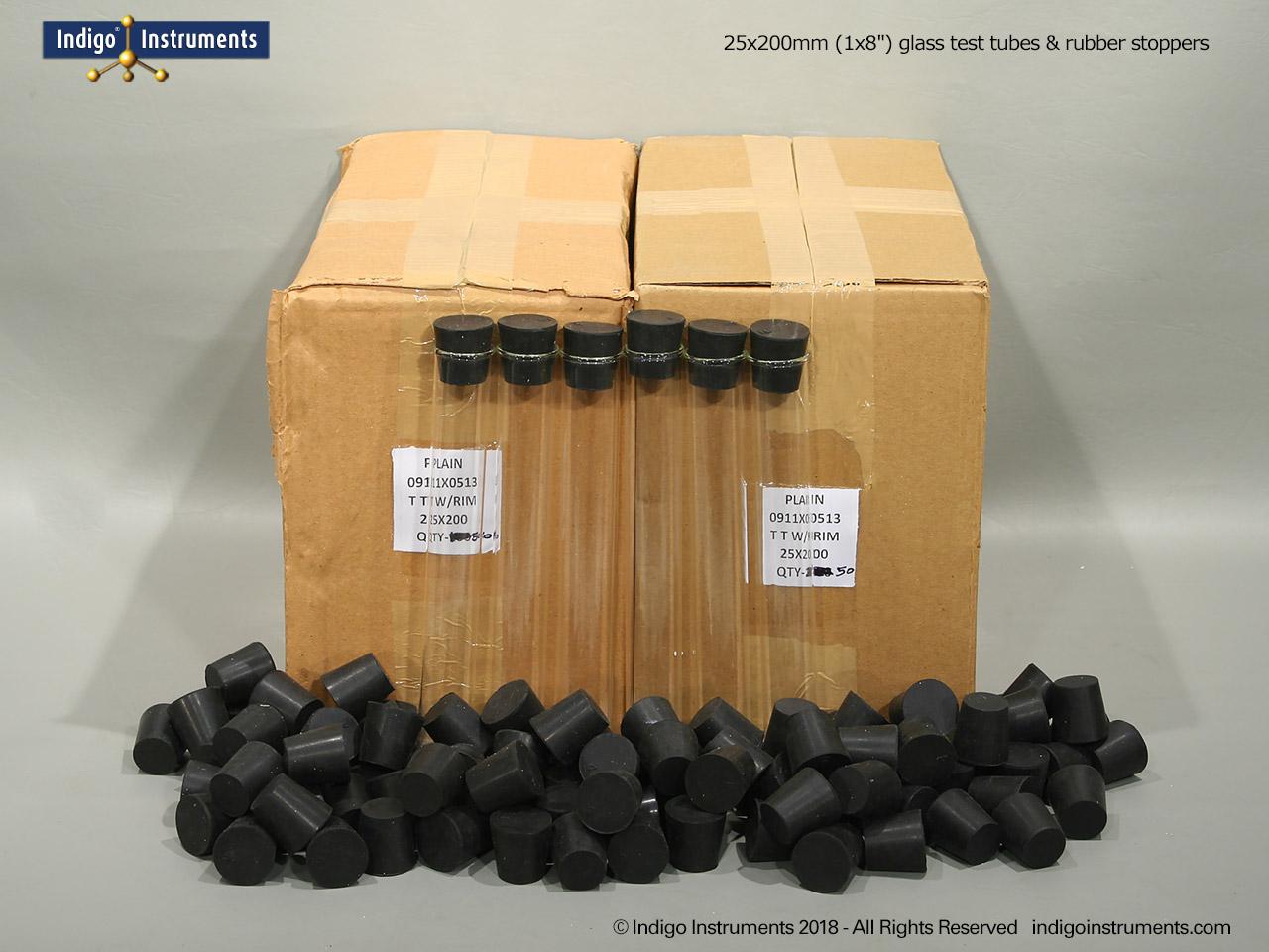25x200mm Test Tubes+Rubber Stoppers, 100 Each