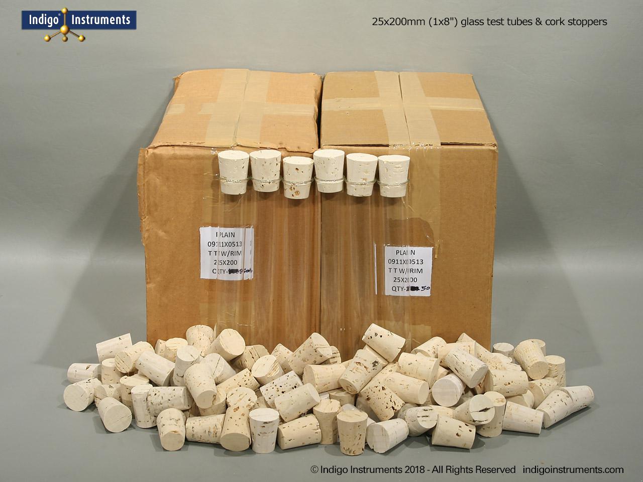 25x200mm Test Tubes+Tapered Corks, 100 Each