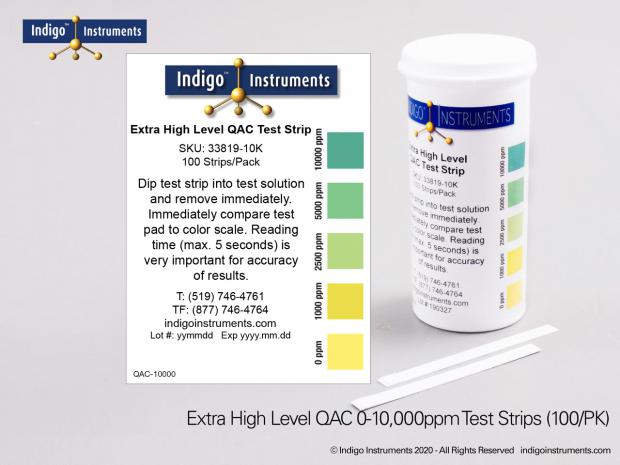 Quat Testing Form Indigo Quat (QAC) Test Strips, 10000ppm, Quick Response, 100/vial