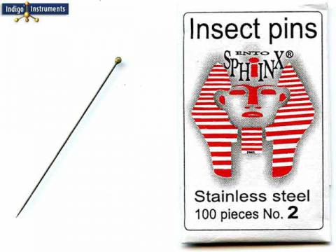Insect pins, #2; 38x0.45mm, 100/pack, stainless steel