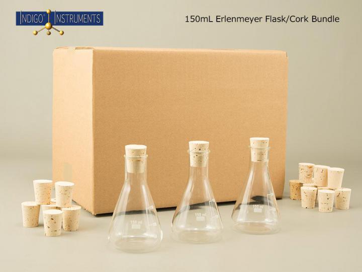 Glass Erlenmeyer Flasks 150ml+Cork Stoppers, 6 Each