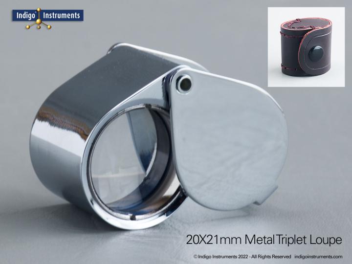 Geology loupe, 20X, 21mm glass triplet, rivet hinge, case
