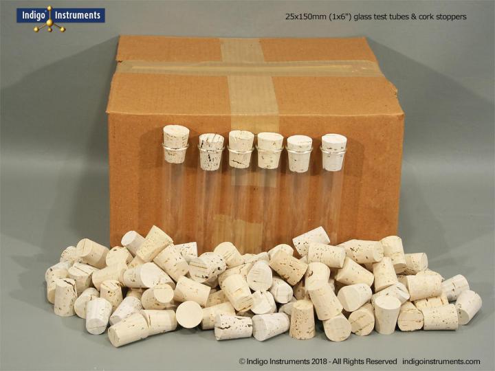 Glass Test Tube 25x150mm, Rounded/Rim+Corks, 100 each