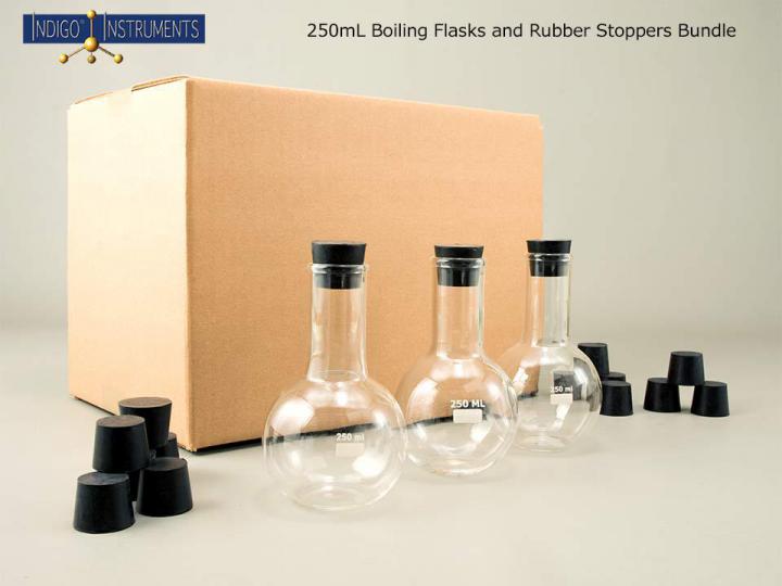 250ml flat bottom boiling flask, 6 w/rubber stoppers