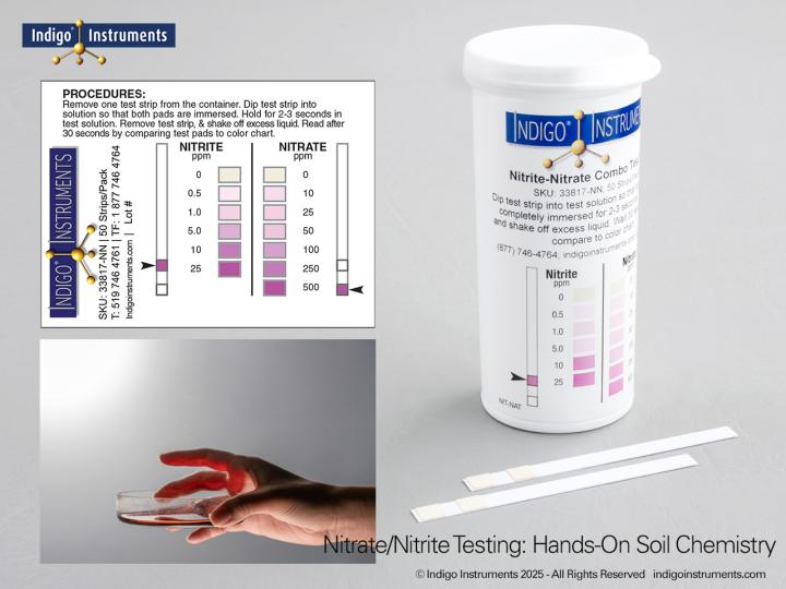 Nitrite Liquid Test Example Nitrite 25ppm, Nitrate 500ppm, Test Strips ~50/vial, Indigo