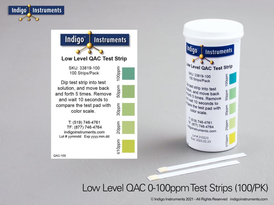 Quat Test Strips, 100ppm, Quick Response, 100/vial, Indigo