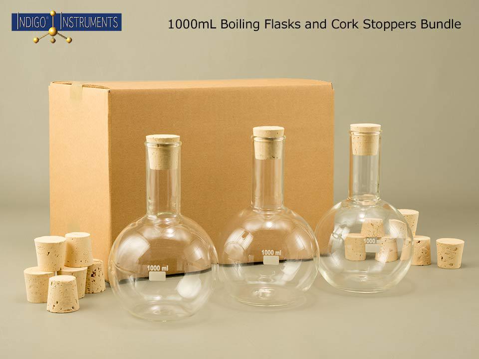 1000ml Boiling Flask, Flat Bottom with Cork Stoppers, 6 Each.